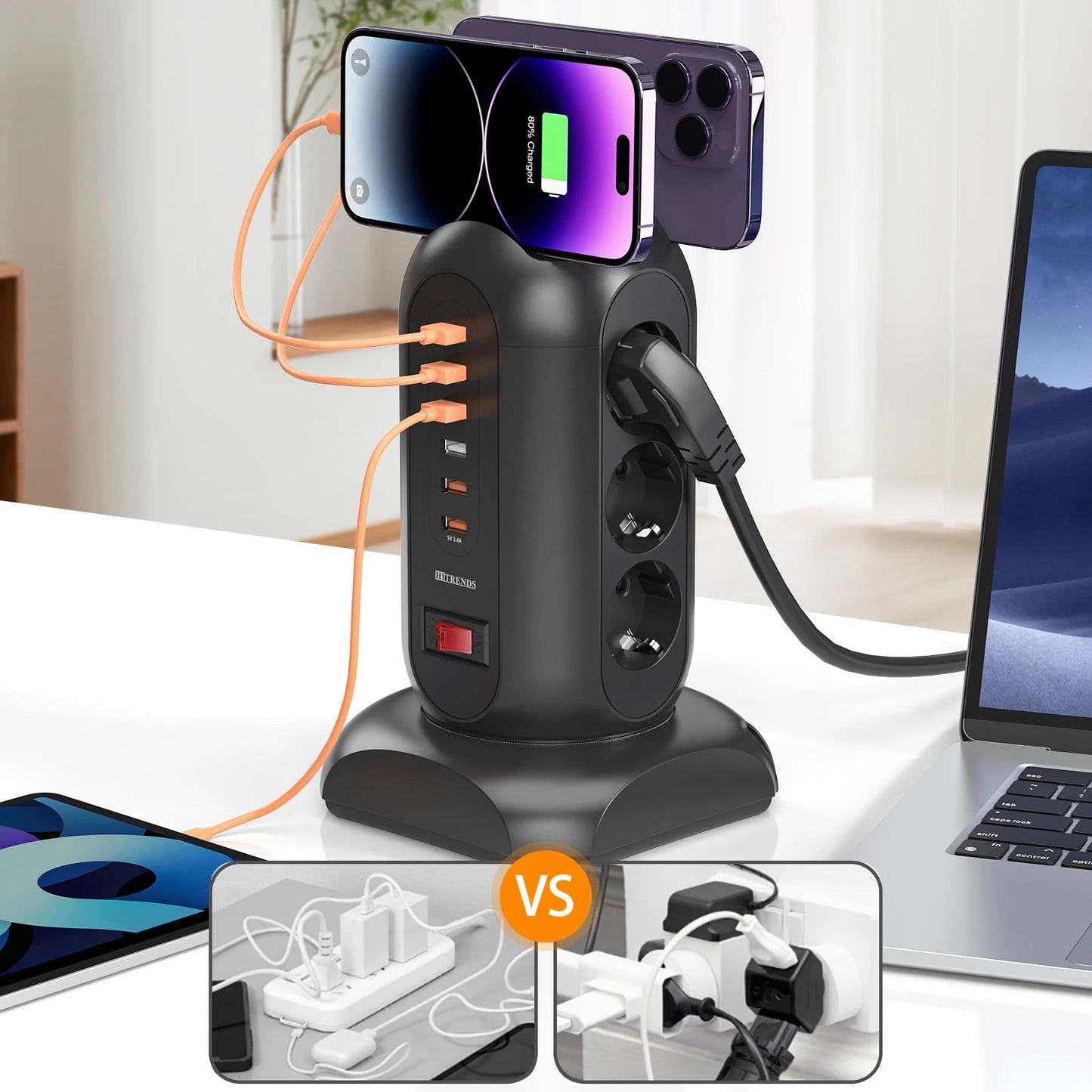 9 way Multiple Socket Power Strip with 6 USB Vertical EU Outlets Tower Socket with 1.8M Extension Cord Surge Protection for home