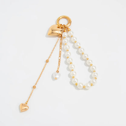 Pearl Beaded Keychain With Peach Heart Bead And Zinc Alloy Chain