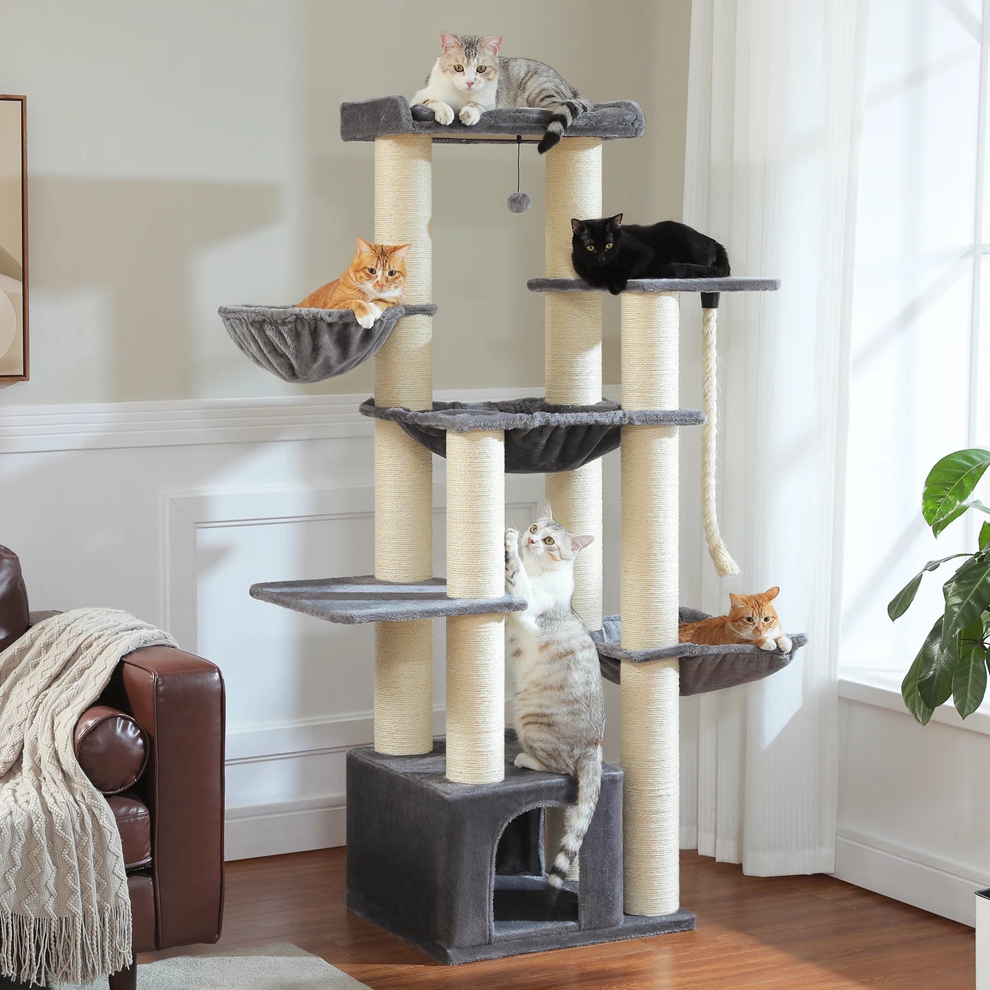 Multi-Level Cat Tree with Scratching Posts, Cozy Condo, Super Large Perch, Deep Hammocks, Tall Cat Tower for Indoor Adult Cats