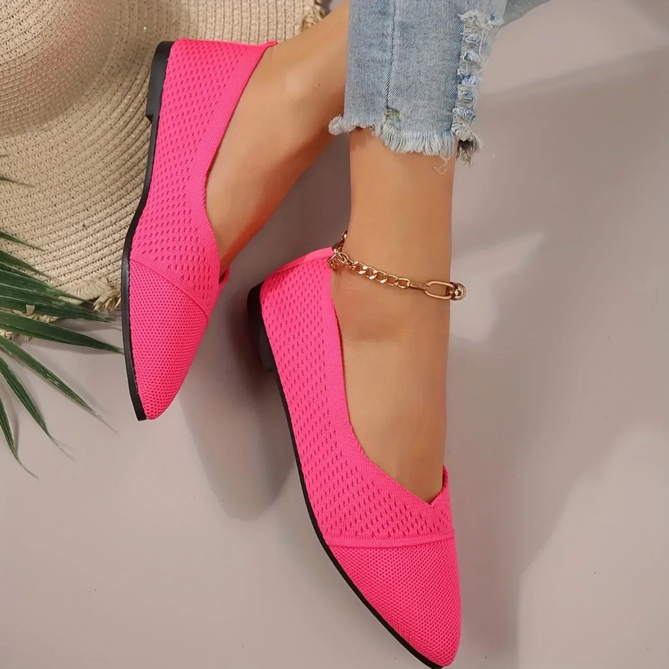 Women's Pointed Toe Flat Shoes Solid Color Knitted Slip on Ladies Shoes Casual Breathable Ballet Women Flat Shoes Loafers Women