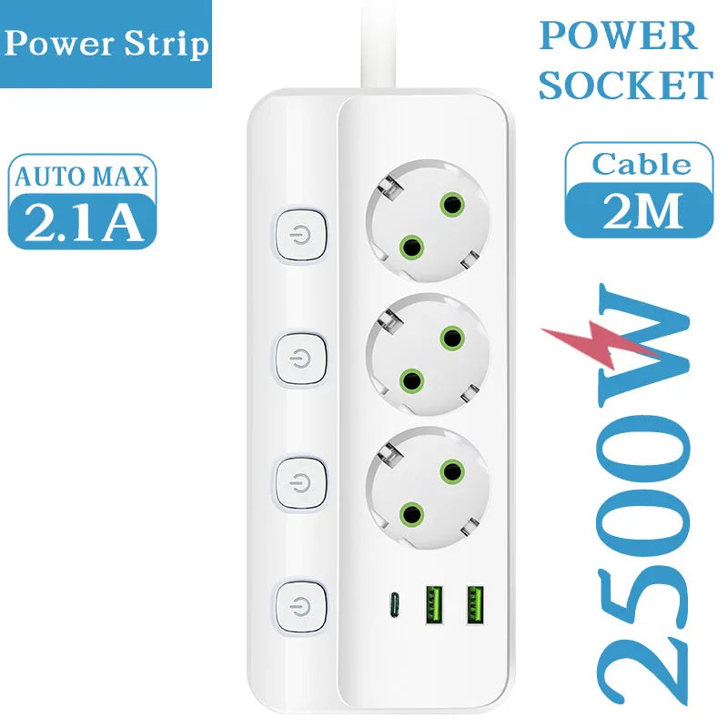 EU Plug Electrical Socket with 3/5 AC Outlets 2 USB Ports + 1 Type C 6/8-in-1 Plug Socket Adapter 2M Power Strip for Home Office