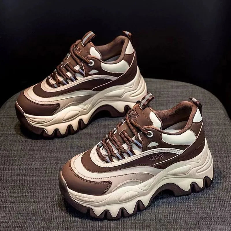 Sneakers Women Casual White Shoes 8CM Fashion Height Increasing Thick Bottom Spring Platform Leather Woman Chunky Sneakers 2024