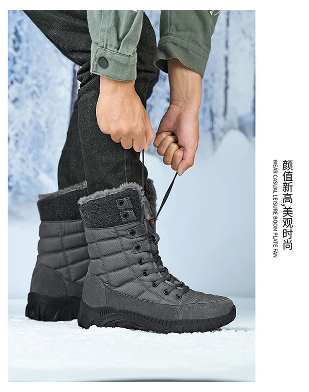 Men Winter Snow Boots Waterproof Leather High Top Plush Lined MidCalf Big Size