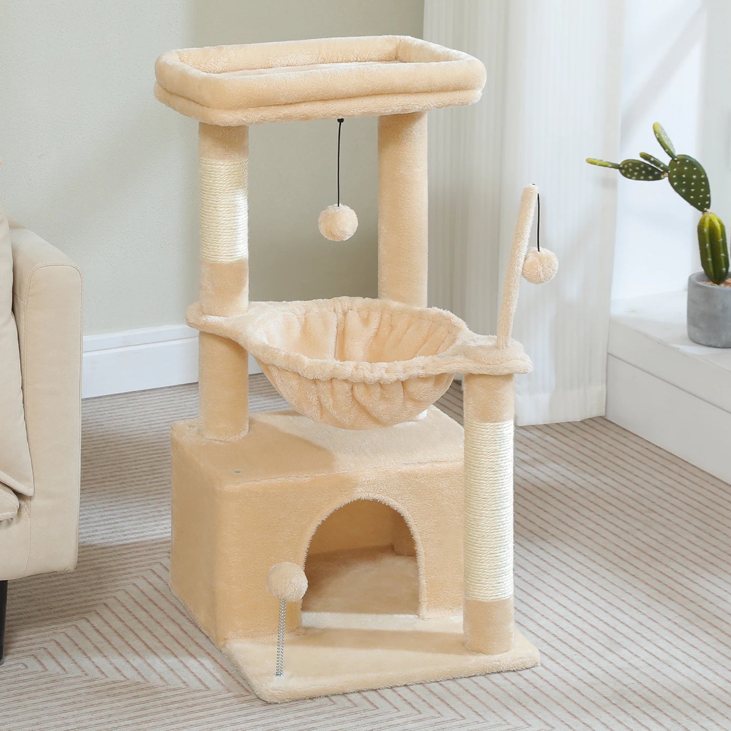 Small Cat Tree with Cozy Condo Hammock Top Perch Cat Scratching Post for Indoor Multi-Level Cat Tower Cat Scratcher Kitten Toys
