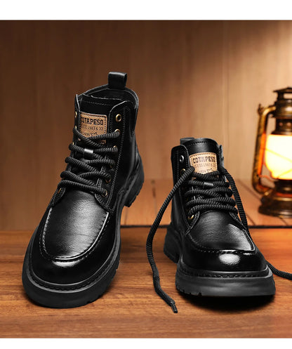 Brown Leather Mens Ankle Boots Lace Up Platform Outdoor