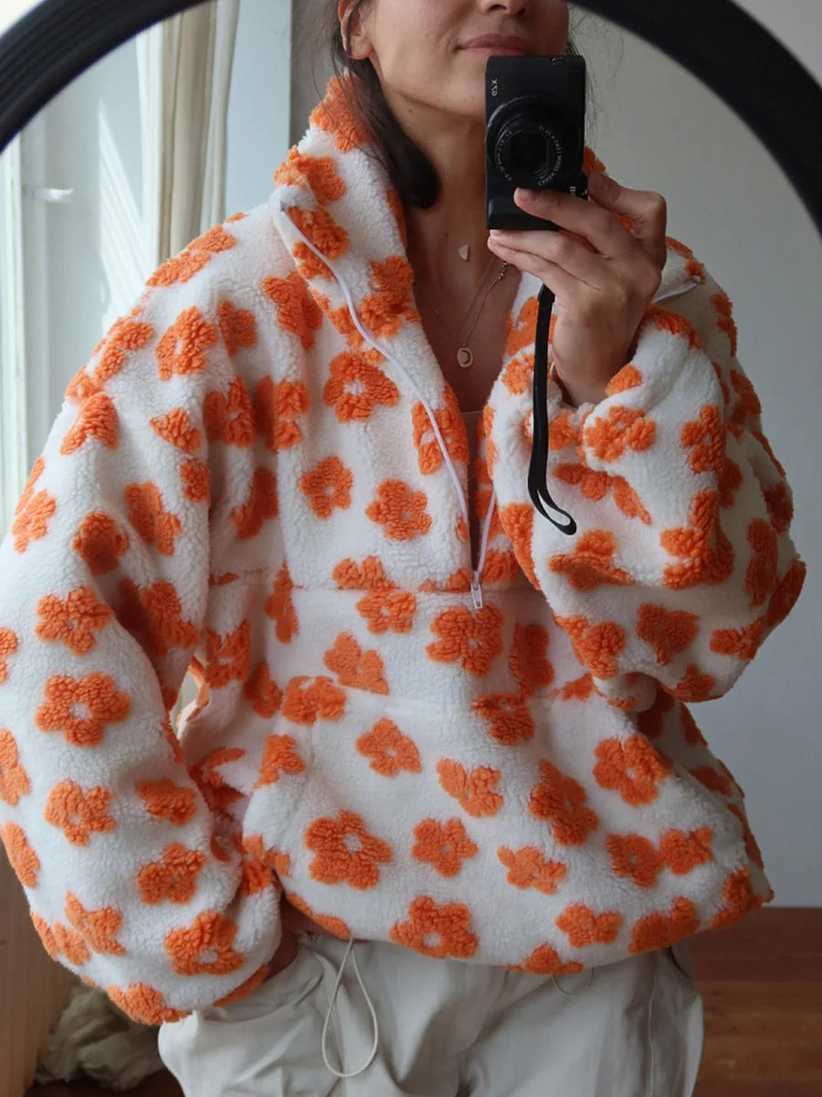 Blubelle New Autumn Winter Women's Sherpa Floral Pullover Hoodies Half Zip Style Loose Fit Warm Stylish Sweatshirt