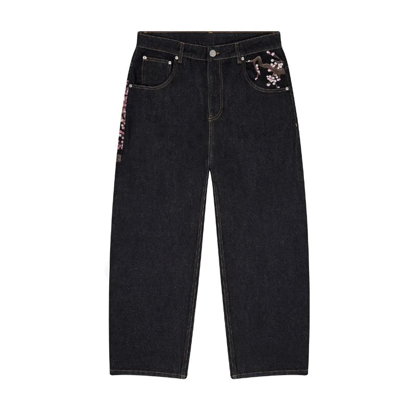 Unisex Denim Jeans With Plum Blossom Embroidery Wide Leg