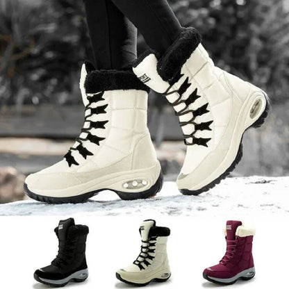 Women's Ankle Snow Boots With Fur Lining PU Waterproof Lace Up Winter