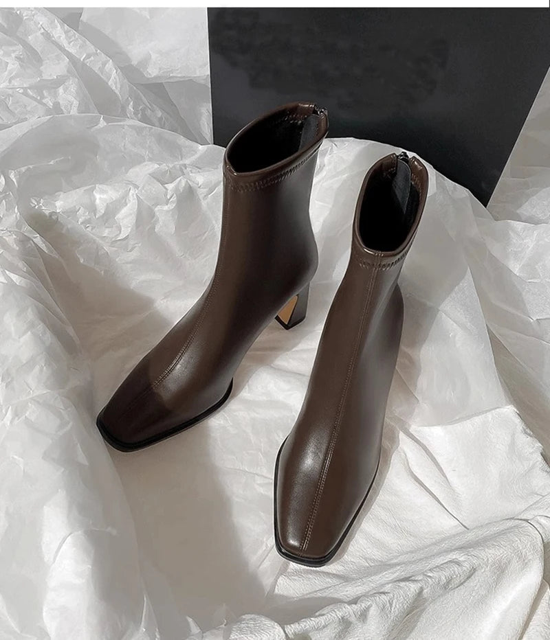 Vintage Warm Cotton Women Ankle Boots Fashion Elegant Square Toe Shoes Autumn Winter Thick Heel Women's Short Booties