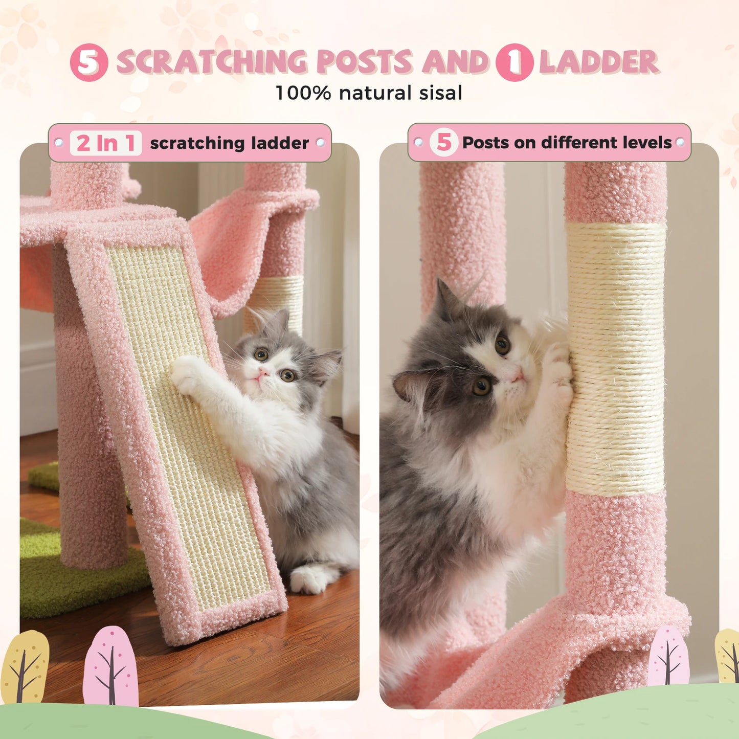 Floor to Ceiling Cat Tree with Sisal Scratching Posts Cozy Condo Hammock Adjustable Height Tall Cat Tower for Indoor Cat Toys