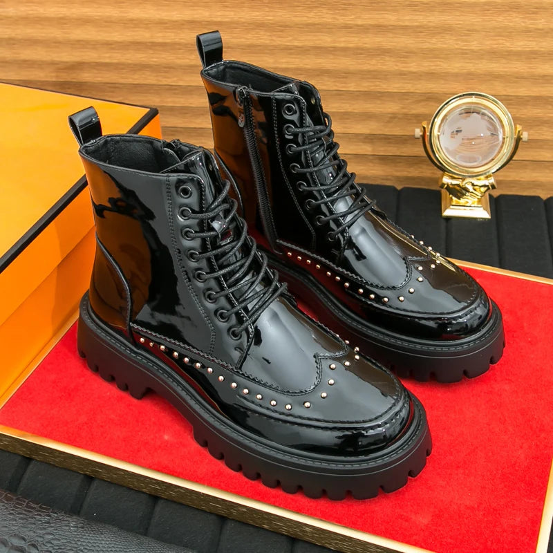 Men's Mid-Calf Leather Motorcycle Boots Pointed Toe Lace-Up