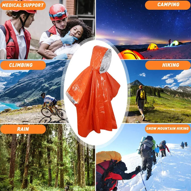 Emergency Rain Poncho With Thermal Blanket Waterproof 100x130cm Orange and Green