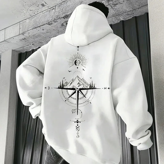 Vintage Compass Print Hoodies for Men High Quality Hooded Long Sleeve Pullover All Season Daily Casual Sports Tops Men's Clothes