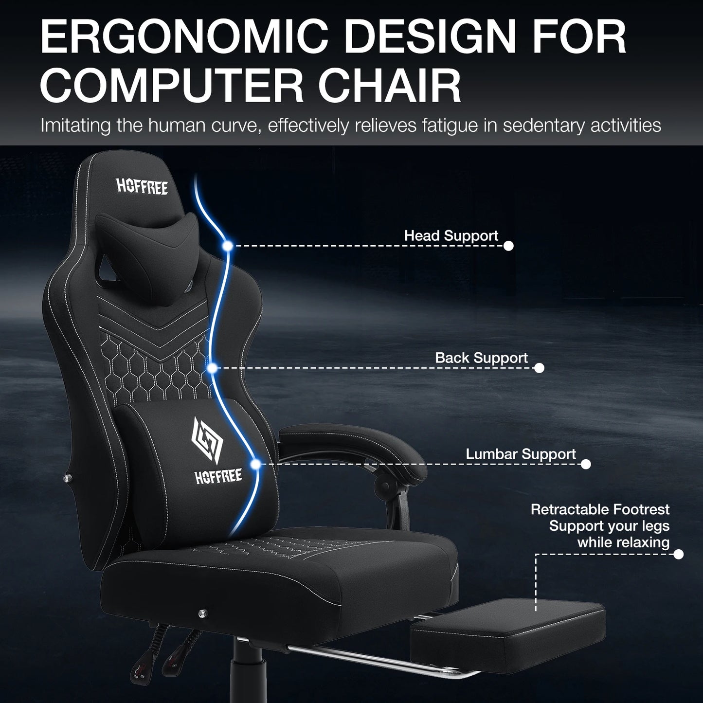 Ergonomic Office Chair With Footrest Lumbar Cushion Bluetooth Speaker 2-Point Massage Height Adjustable Gaming Racing Chair Sofa