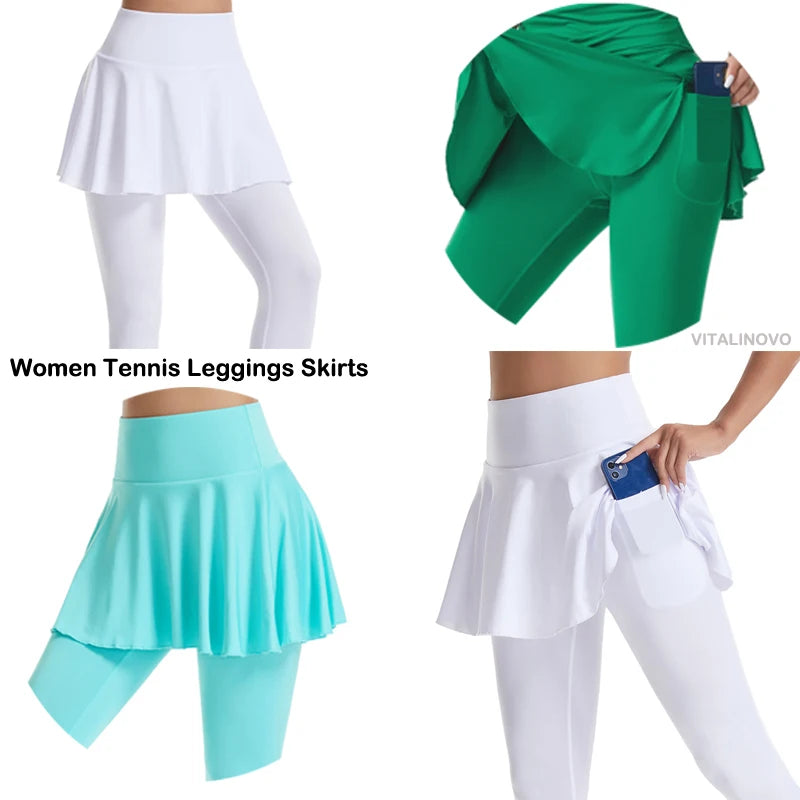 VITALINOVO Tennis Skirted Leggings with Pocket for Women High Waisted Active Skort Active Ruffle Pleated Golf Skapri with Skirt