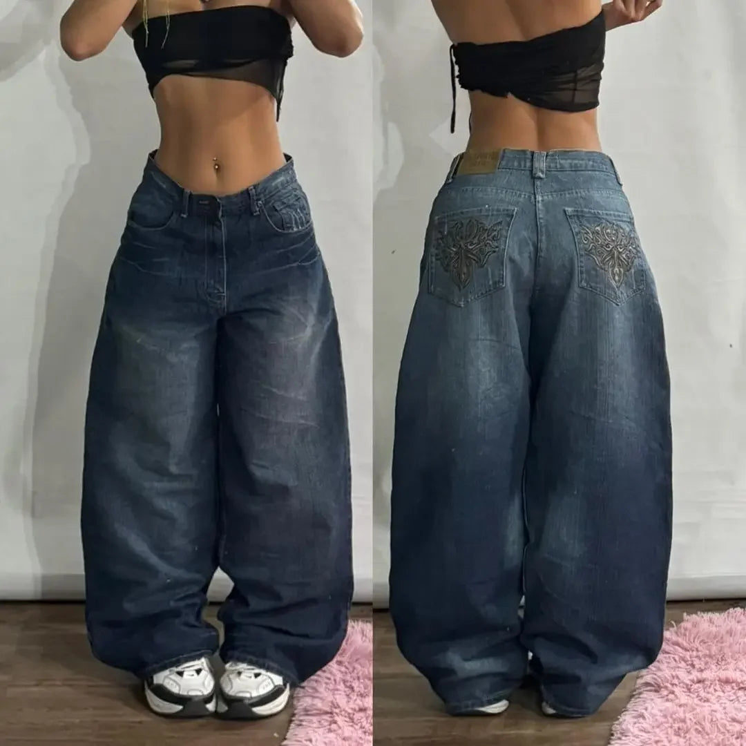 2024 New American Trend Retro Hip-hop Embroidery Pattern Baggy Jeans For Men And Women Y2K Harajuku Gothic Wide Pants Streetwear