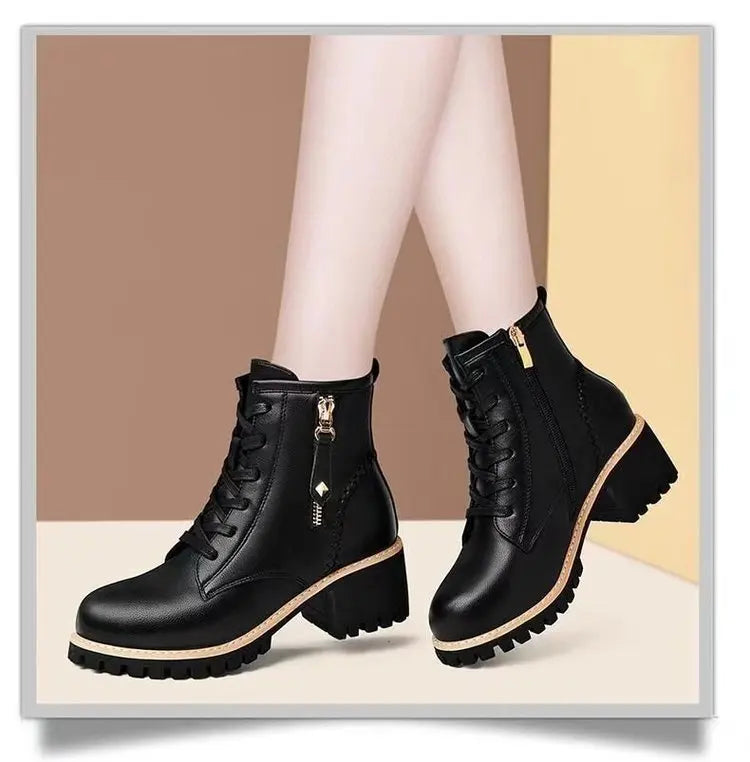Women's Chunky Sole Ankle Boots     Lace-Up & Side-Zip Combat Boots Winter Fleece-Lined Booties Versatile Leather Boots Platfo