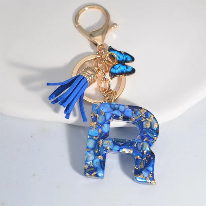 AZ Letter Keychain With Blue Stone And Butterfly Tassel Pendant
