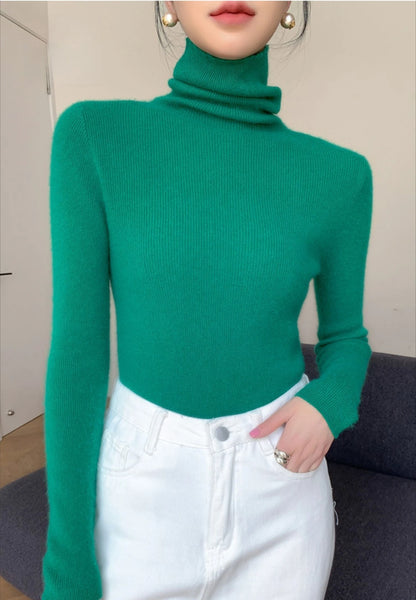 Women's Turtleneck Knit Pullover Sweater, Slim Fit, Long Sleeve, Solid
