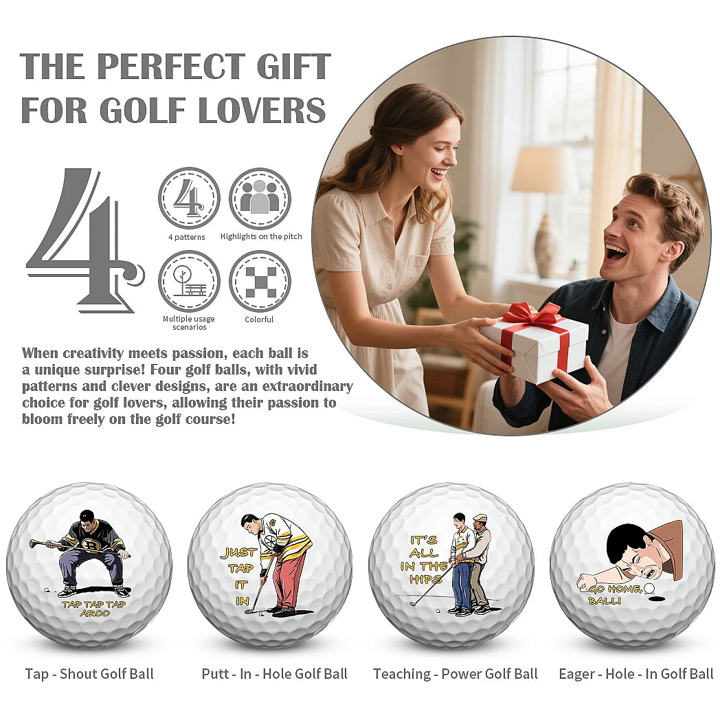 Caiton 4-Pack Golf Balls – 4 Unique Designs, Fun Gag Gifts for Men, Dad, Grandpa, Perfect for Birthday, Xmas, Retirement