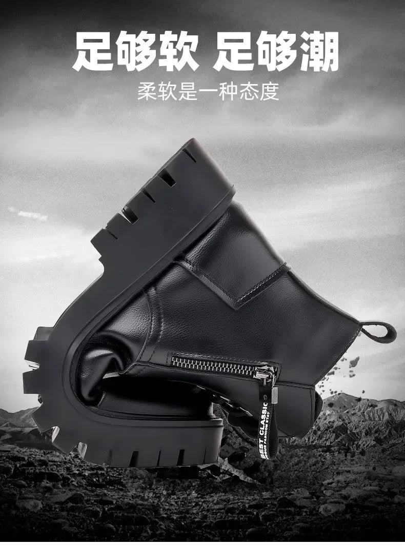 Winter thick soled Men's boots Outdoor waterproof laceup genuine leather boots male Comfortable warm leather shoes Botas Zapatos