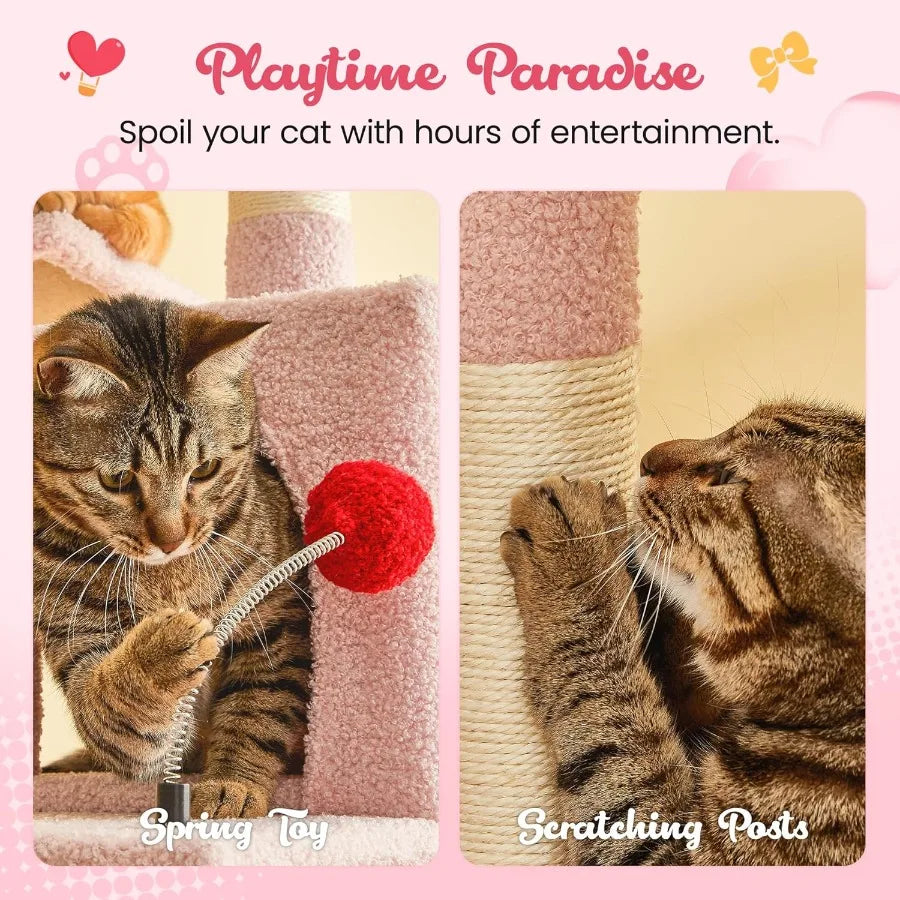 Cute Cat Tree 63.8-Inch Pink Cat Tower for Indoor Cats Multi-Level Cat Condo with 5 Scratching Posts 2 Perches Hammock Dangling