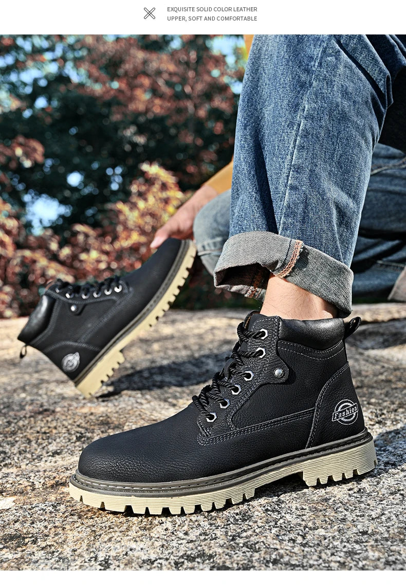 Leather Men Work Boots Mid Calf Ankle High Top Non Slip