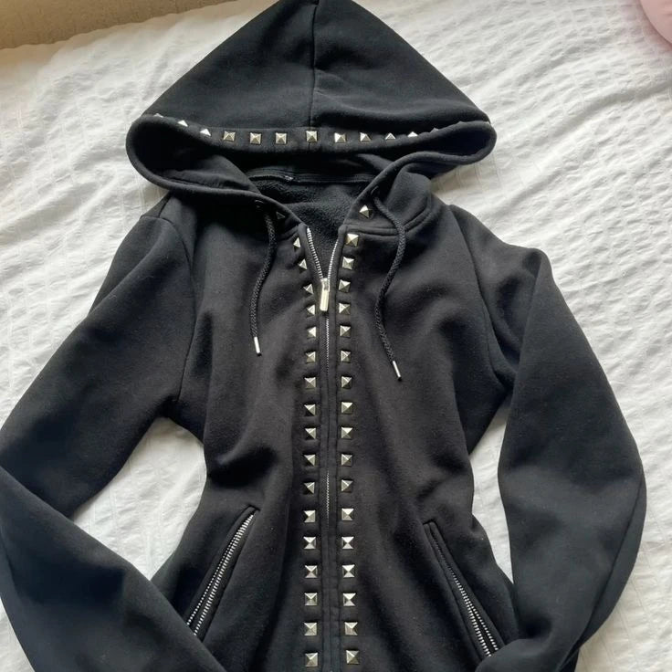 Y2K New Emo Fashion Rivet Zipper Hoodie Women Harajuku Black Oversized Hoodie Gothic Retro Classic Sweatshirt Autumn Clothing