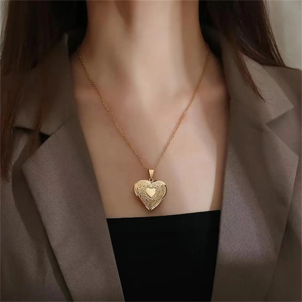 Romantic Heart Locket Pendant Openable Female Silver Color Stainless Steel Photo Frame Charm Necklace for Women Men Jewelry Gift