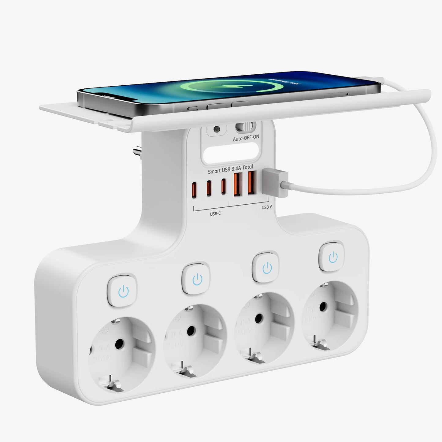 EU Multi-Function Power Strip,4000W Wall Mounted Independent Switches Socket ,Sensor Night Light, 3USB-C 3USB-A Ports Charging