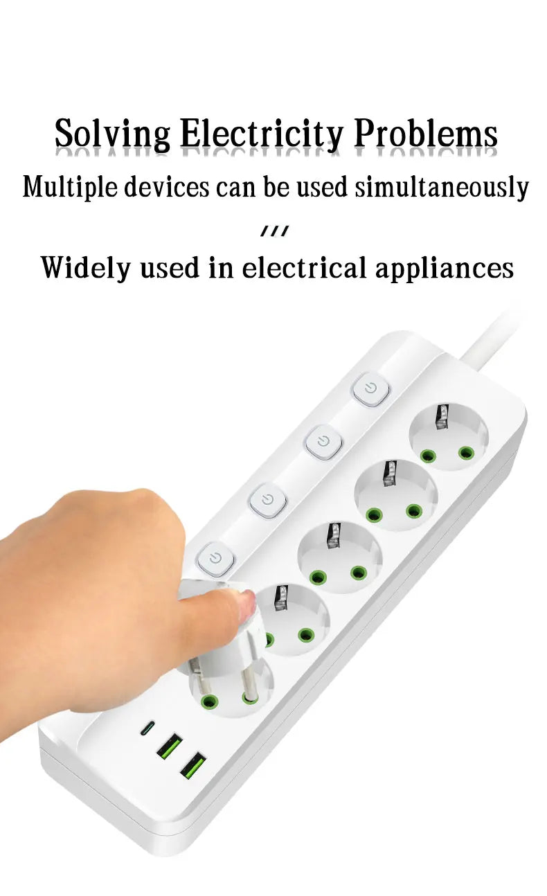 EU Plug Electrical Socket with 3/5 AC Outlets 2 USB Ports + 1 Type C 6/8-in-1 Plug Socket Adapter 2M Power Strip for Home Office