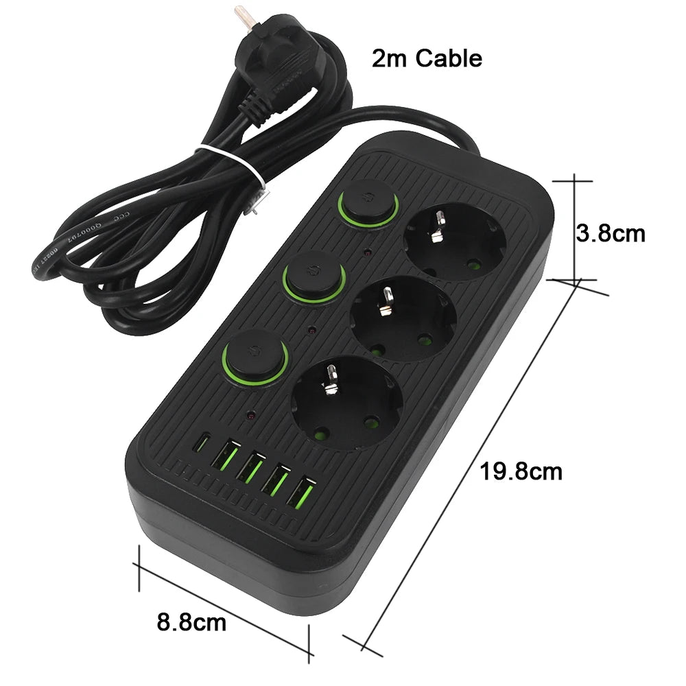 EU Plug Power Strip With USB Ports 2m Extension Cable Surge Protector