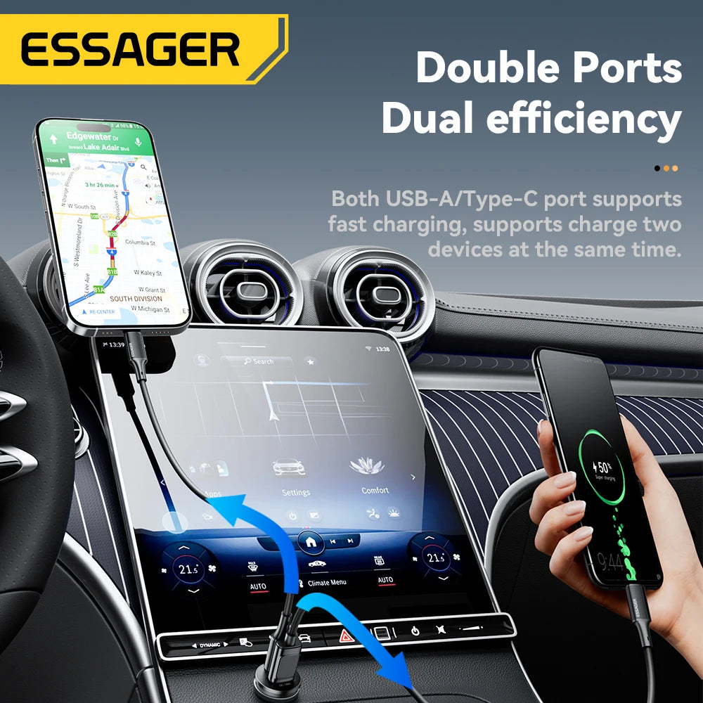 Essager 45W Mini USB Car Charger QC 3.0 PD 3.0 SCP AFC USB Type C Car Mobile Phone Charger For iPhone Huawei Samsung Xiaomi iPad