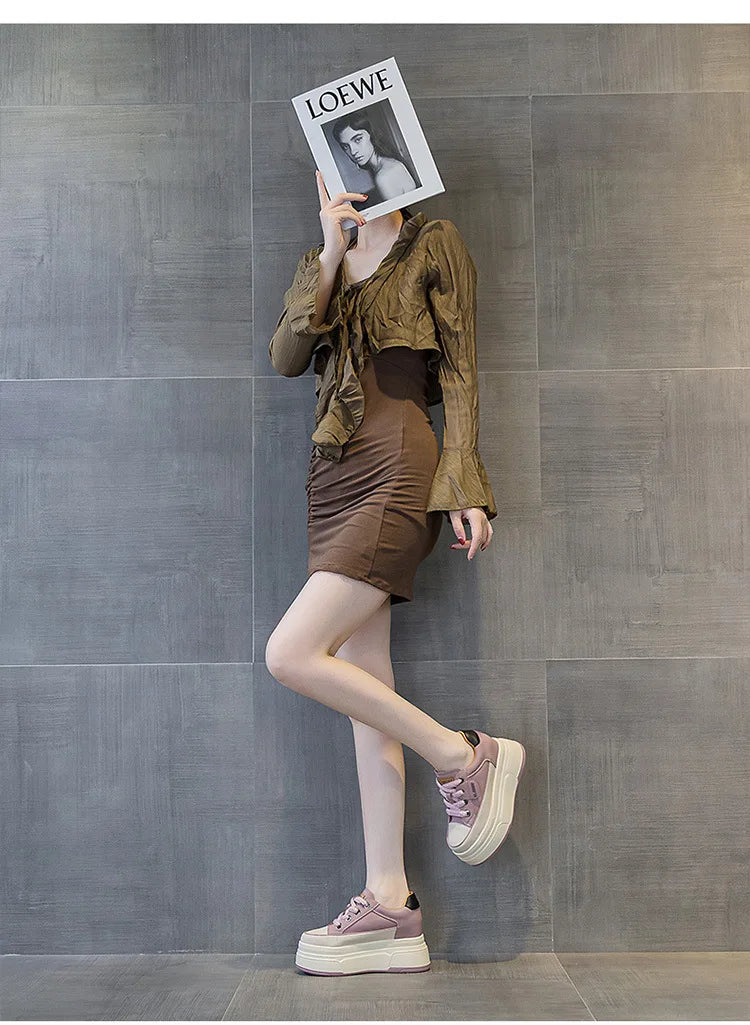 Fujin 9cm 3 inch comfortable platform sneakers for women Genuine Leather Women Vulcanized Shoes Platform High Heels Casual Shoes
