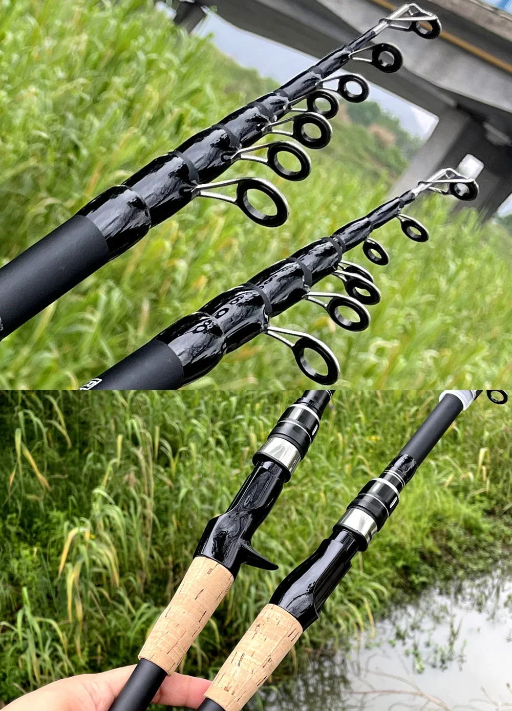 Telescopic Lure Rod 1.5M 1.8M 2.1M 2.4M Carbon Spinning Rod Baitcasting Fishing Pole 8g-25g Wooden Handle Casting Fishing Tackle