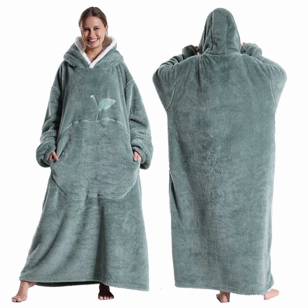 Extra Long Hooded Blanket – Winter Flannel Wearable Throw with Full Sleeves