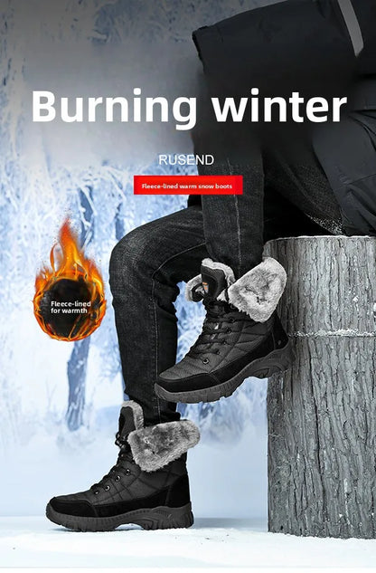 Men Winter Snow Boots Waterproof Leather High Top Plush Lined MidCalf Big Size