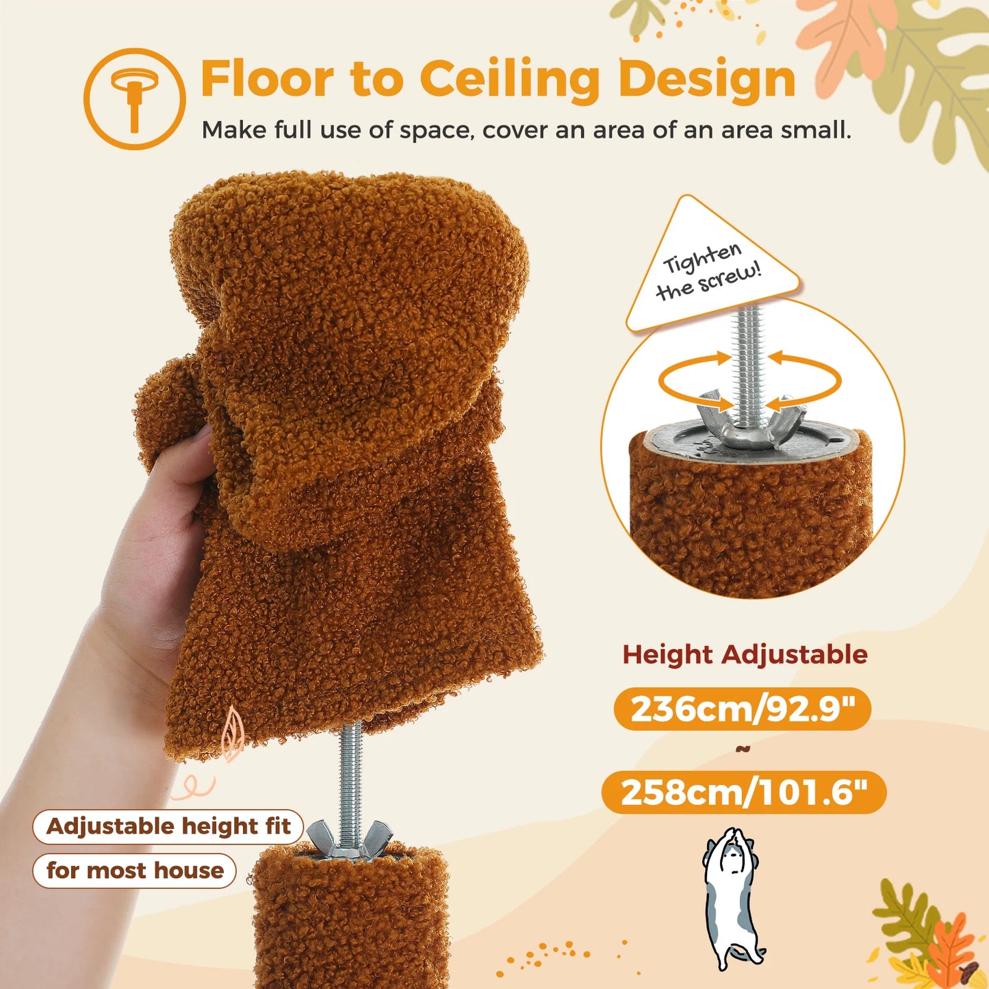 Floor to Ceiling Cat Tree with Sisal Scratching Posts Cozy Condo Hammock Adjustable Height Tall Cat Tower for Indoor Cat Toys