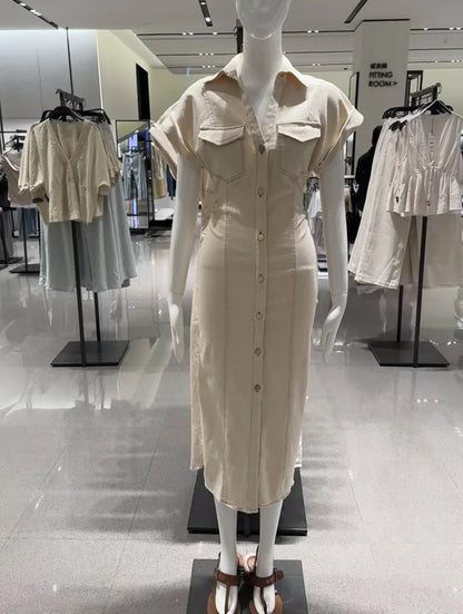 Denim Midi Dress For Women With Lapel And Side Zipper