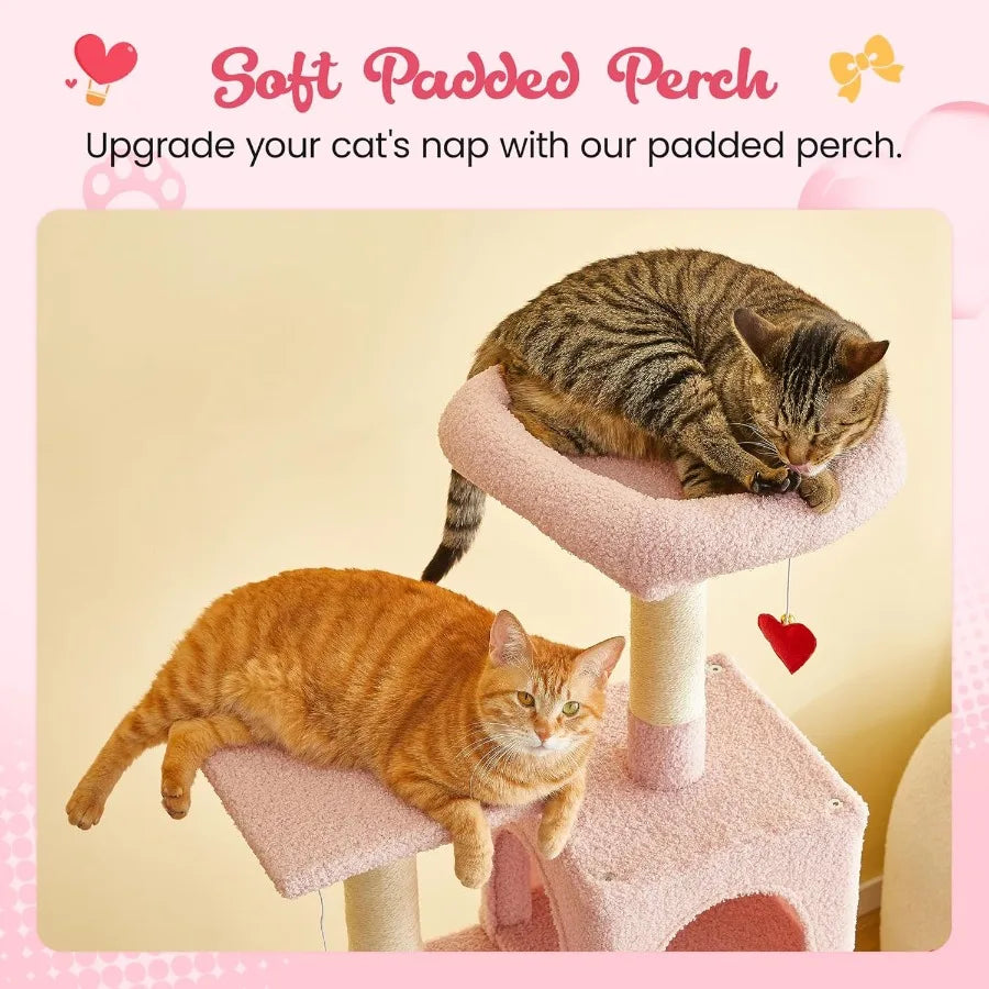 Cute Cat Tree 63.8-Inch Pink Cat Tower for Indoor Cats Multi-Level Cat Condo with 5 Scratching Posts 2 Perches Hammock Dangling