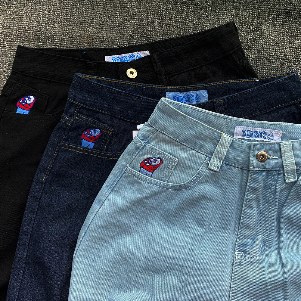 Y2K Embroidered Baggy Jeans For Women High Waist Denim Blue