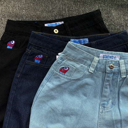 Y2K Embroidered Baggy Jeans For Women High Waist Denim Blue