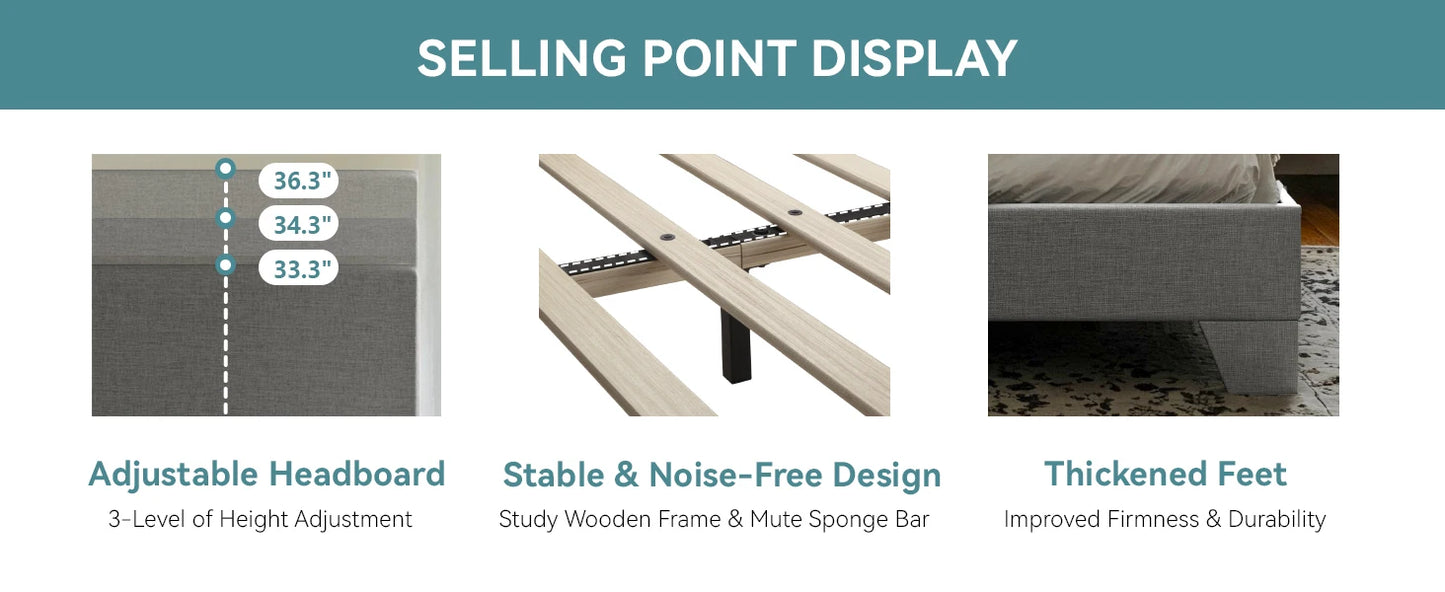 HOOMIC Full/Queen/King Upholstered Bed Frame with Adjustable Linen Headboard, Sturdy Wood Slats & Quiet Support