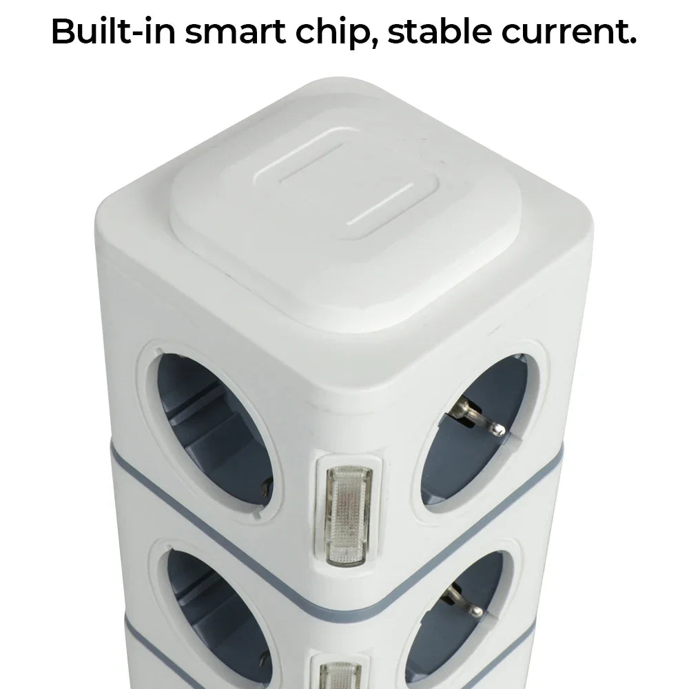 Tower 12 Way Outlets Socket Multi Power Strip Vertical 2.8m Extension Cord EU Plug with 4 USB Overload Protector Switch 220V 10A