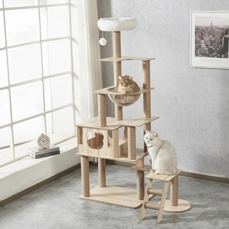 65-Inch Multi-Purpose Wooden Cat Tree Tower with Condo Design Featuring 13 Scratch Posts Padded Platform Bed Interactive Toy Ba