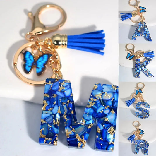 4. Fashion A–Z Letter Keychain with Blue Stone and Butterfly Tassel Pendant