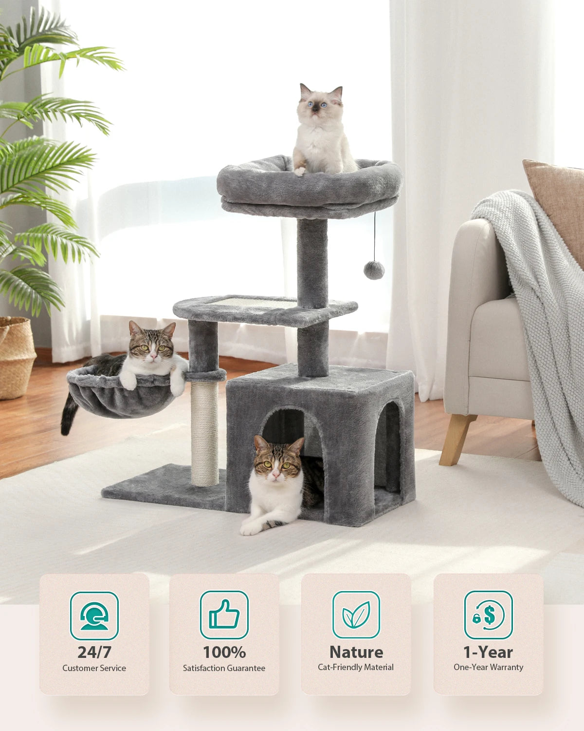 Indoor Cat Tree & Tower with Scratching Posts and Hammock – 2 Styles