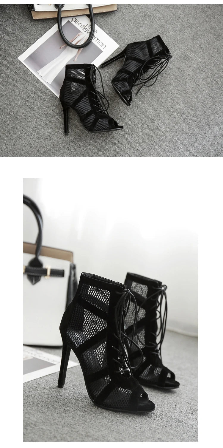 Black Sexy Lace Up Cross-tied Women Shoes Comfort High Quality Thin Heels Open Toe Dancing Sandals Ankle Strap Hollow Out Pumps