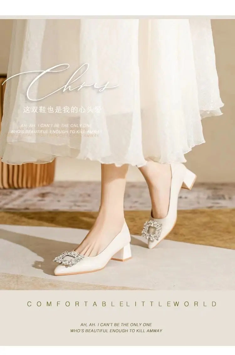 Women's Elegant Black Mid Block Heels Pumps with Crystal Rhinestone Pointed Toe Dress Shoes