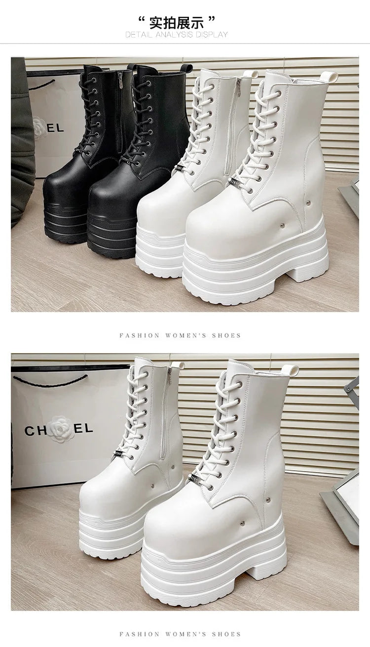 Height Increasing Women's High Boots Black Leather Thick Bottom Platform Shoes Side Zip Gothic Punk Short Boots Street Style